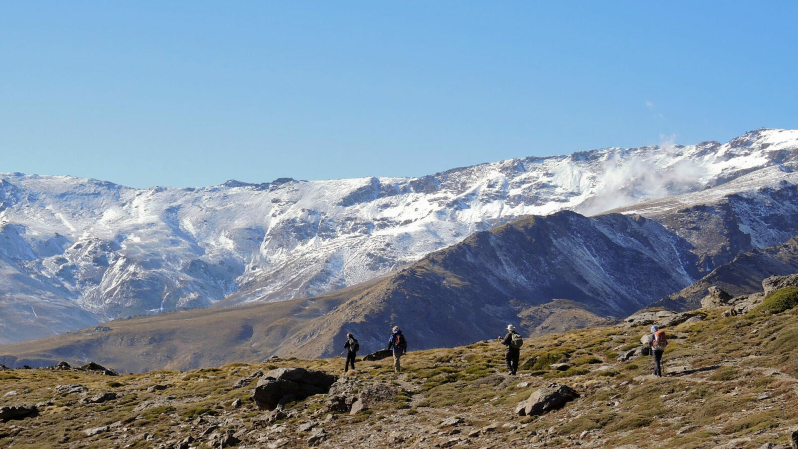 Quatre randonneurs marchent sur un terrain rocailleux à la végétation clairsemée dans les Alpujarras, en direction des sommets enneigés de la Sierra Nevada, sous un ciel bleu limpide. - Karavaniers
