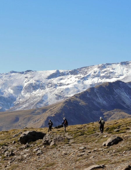 Quatre randonneurs marchent sur un terrain rocailleux à la végétation clairsemée dans les Alpujarras, en direction des sommets enneigés de la Sierra Nevada, sous un ciel bleu limpide. - Karavaniers