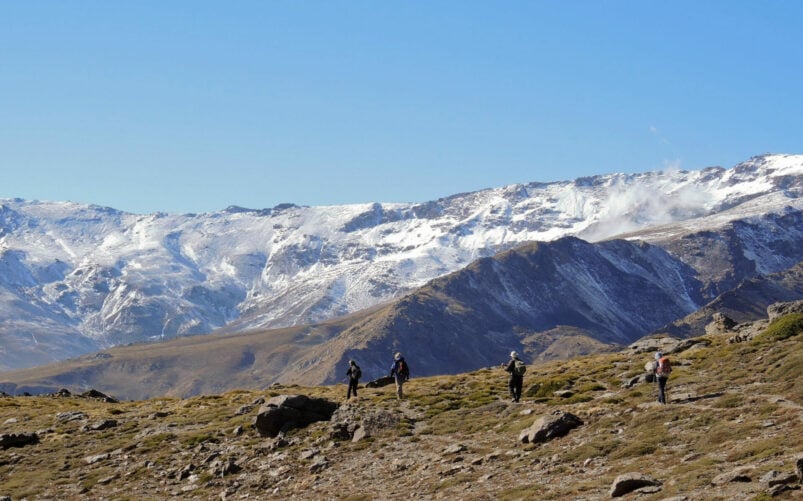 Quatre randonneurs marchent sur un terrain rocailleux à la végétation clairsemée dans les Alpujarras, en direction des sommets enneigés de la Sierra Nevada, sous un ciel bleu limpide. - Karavaniers