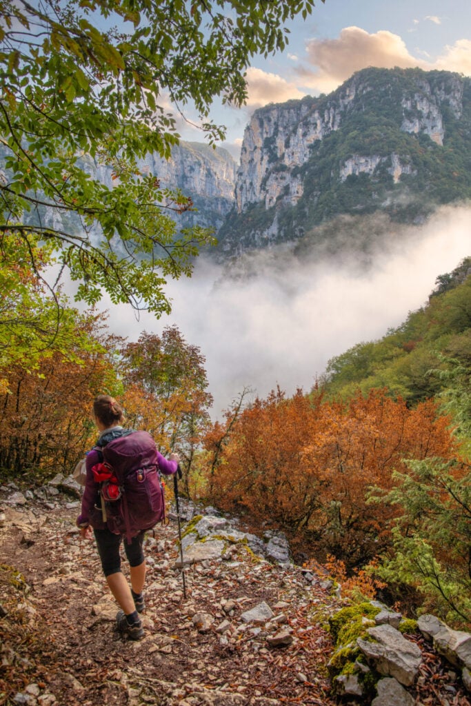 Randonnée automnale dans les montagnes grecques, au cœur d’une forêt flamboyante avec les sommets embrumés en arrière-plan.