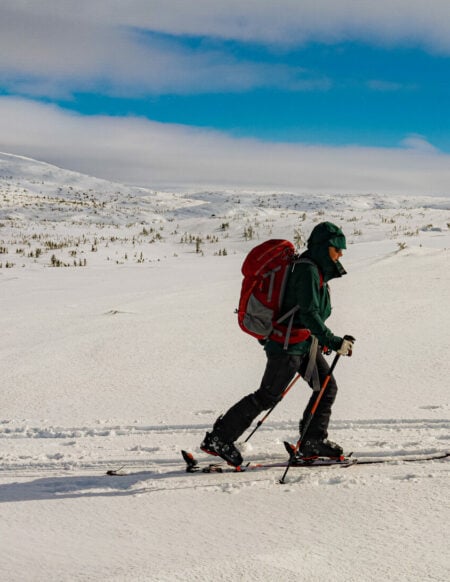 Skieur solitaire progressant sur les plateaux enneigés du massif Uapishka