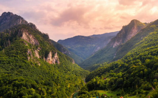 Lumière dorée sur les vallées vertes des montagnes du Monténégro.
