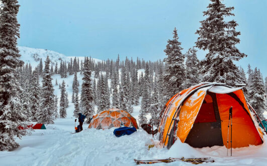 Campement d’expédition hivernale sous les pins enneigés avec tentes orange, durant un voyage polaire en montagne.