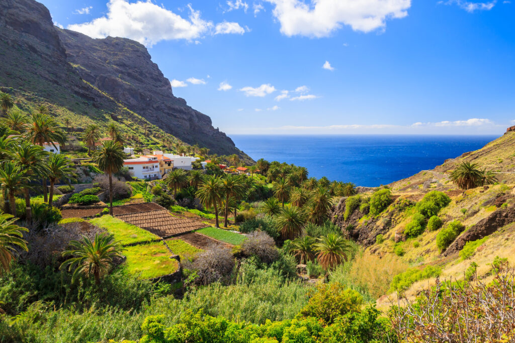 Une vallée côtière avec des champs verdoyants, des palmiers et des maisons éparses se trouve entre des collines rocheuses à La Gomera. La scène donne sur l'océan bleu, avec Tenerife visible au loin sous un ciel partiellement nuageux dans les Îles Canaries. - Karavaniers