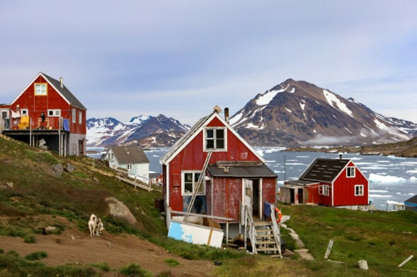 Plusieurs maisons en bois rouge se dressent sur un terrain herbeux près d'une eau glacée parsemée d'icebergs, entourée de montagnes enneigées et d'un ciel nuageux - idéal pour explorer les Fjords de l'est en kayak et trek, avec un chien visible au premier plan. - Karavaniers