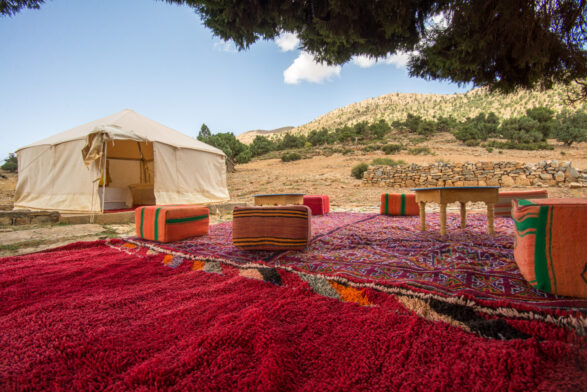 Tapis berbères colorés étalés devant une tente sous un arbre.
