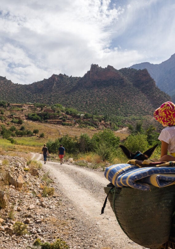 Balade familiale sur un sentier de montagne dans le Haut Atlas, lors d'une randonnée en famille au Maroc, avec des mulets.