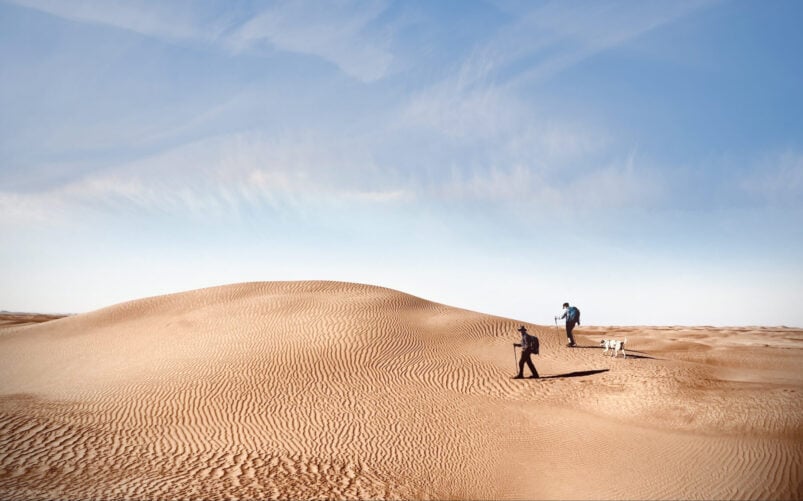 Marcheurs sur les dunes ondulantes du désert marocain, sous un ciel limpide