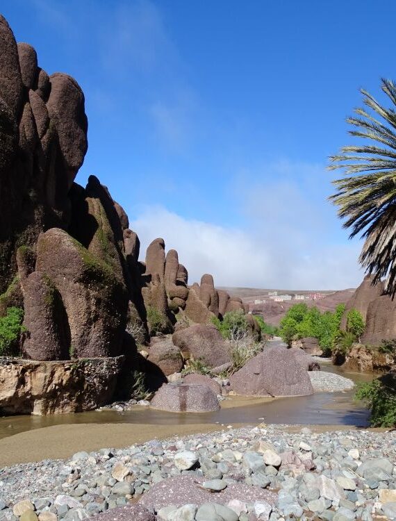 Paysage rocheux spectaculaire de la vallée d’Amassine, Maroc, avec palmiers, rivière et formations volcaniques uniques.