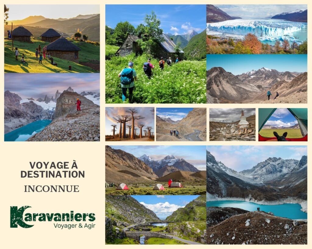 Mosaïque de photos de différents paysages avec le titre "voyage à destination inconnue" et le logo Karavaniers