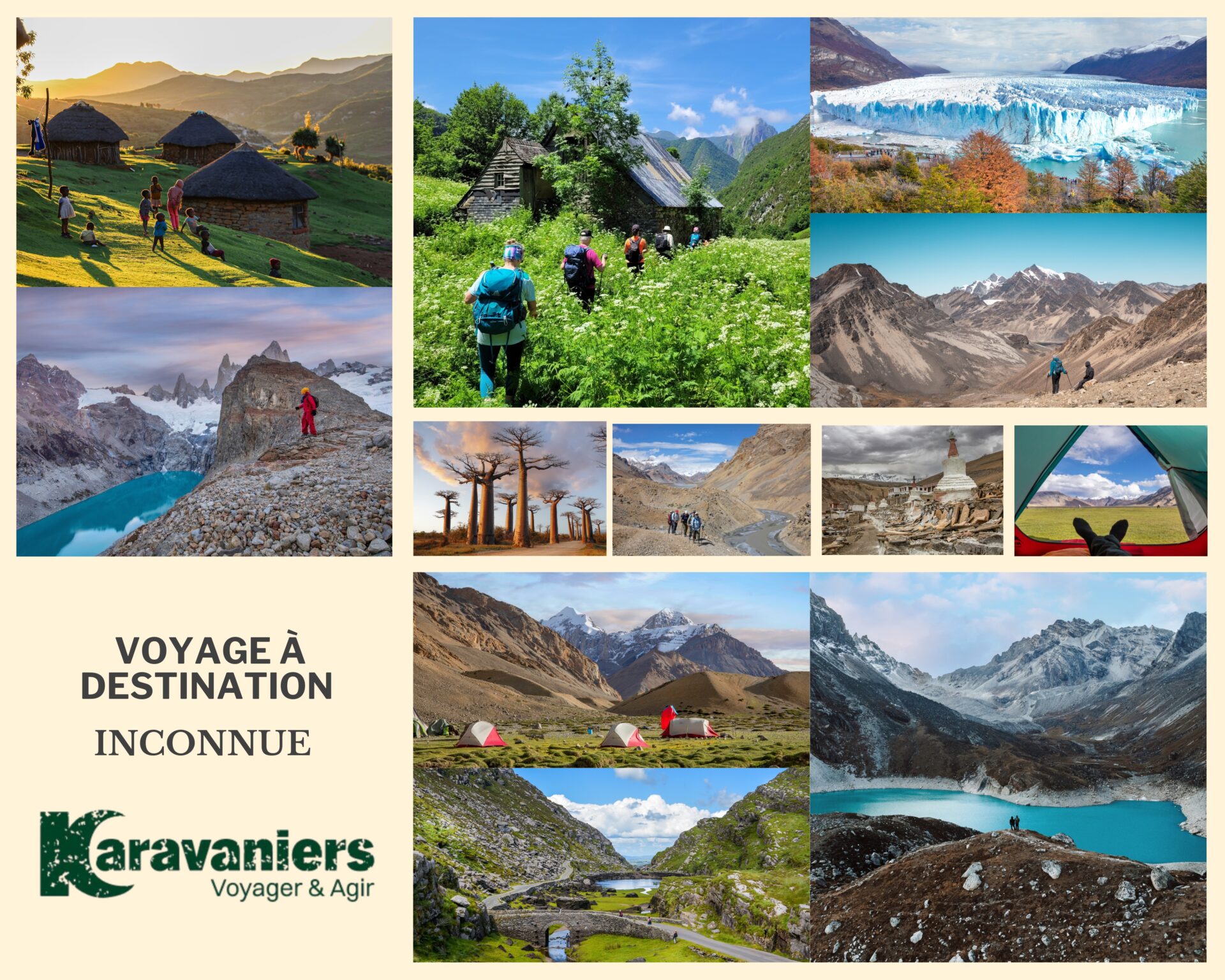 Mosaïque de photos de paysages avec le logo Karavaniers et la phrase "voyage à destination inconnue"