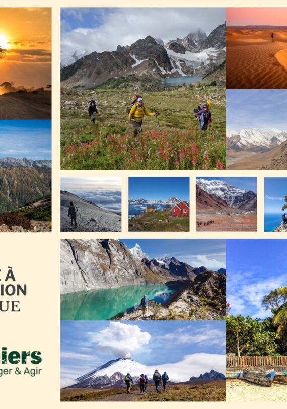 Mosaïque de paysages emblématiques Karavaniers : désert, haute montagne, océan et randonnées à destination inconnue