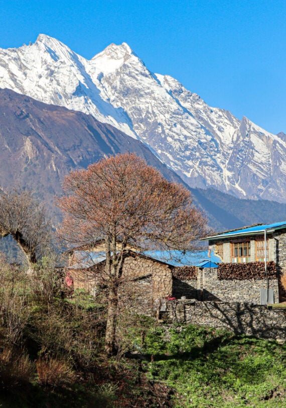 Maisons traditionnelles de la vallée de Tsum, au pied des sommets himalayens enneigés