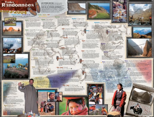Mur rempli de cartes, articles et photos retraçant l’histoire de Karavaniers