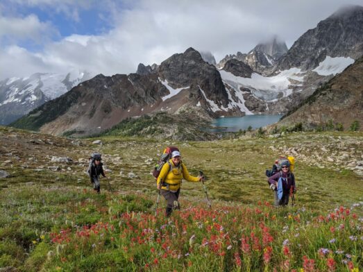 Voyage sur mesure Trois randonneuses progressant à travers un champ de fleurs sauvages en haute montagne, avec en arrière-plan un lac turquoise, des sommets escarpés et des glaciers partiellement enneigés sous un ciel nuageux.