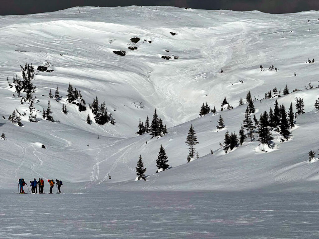 Un groupe de skieurs avec des sacs à dos monte les monts Groulx couverts de neige, se faufilant entre les arbres épars et les pistes de ski visibles sur une pente de montagne sous le ciel couvert de l'Uapishka. - Karavaniers