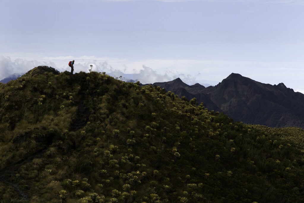 Une personne portant un sac à dos rouge se tient sur une crête montagneuse herbeuse entourée de végétation, avec des montagnes lointaines et un ciel nuageux en arrière-plan. - Karavaniers