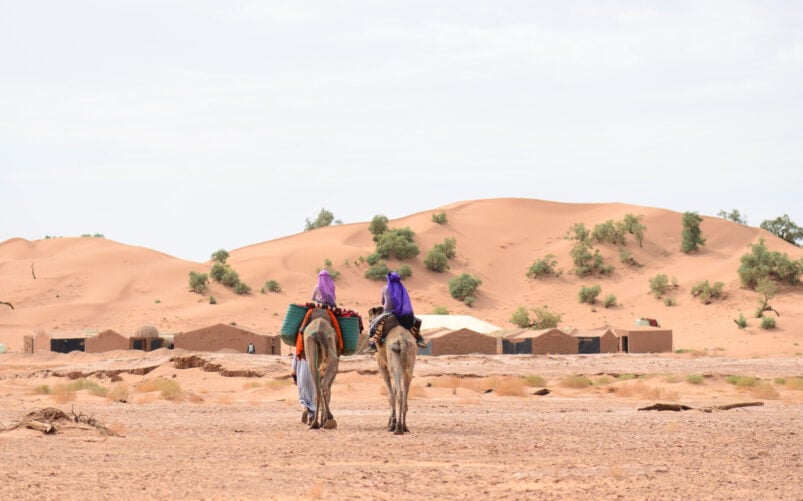 Deux personnes à dos de chameau s'éloignent de la caméra et traversent un paysage désertique sablonneux, avec de petites huttes et une végétation éparse - rappelant un Voyage au Monténégro - des dunes de sable s'élèvent au loin sous un ciel nuageux. - Karavaniers