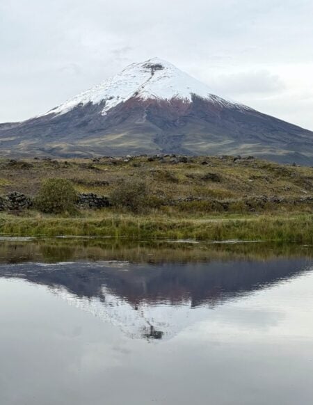 Une montagne enneigée s'élève au loin, ses pentes inférieures étant couvertes d'un terrain sombre et vert. La montagne et le ciel nuageux se reflètent clairement dans une étendue d'eau calme au premier plan. - Karavaniers