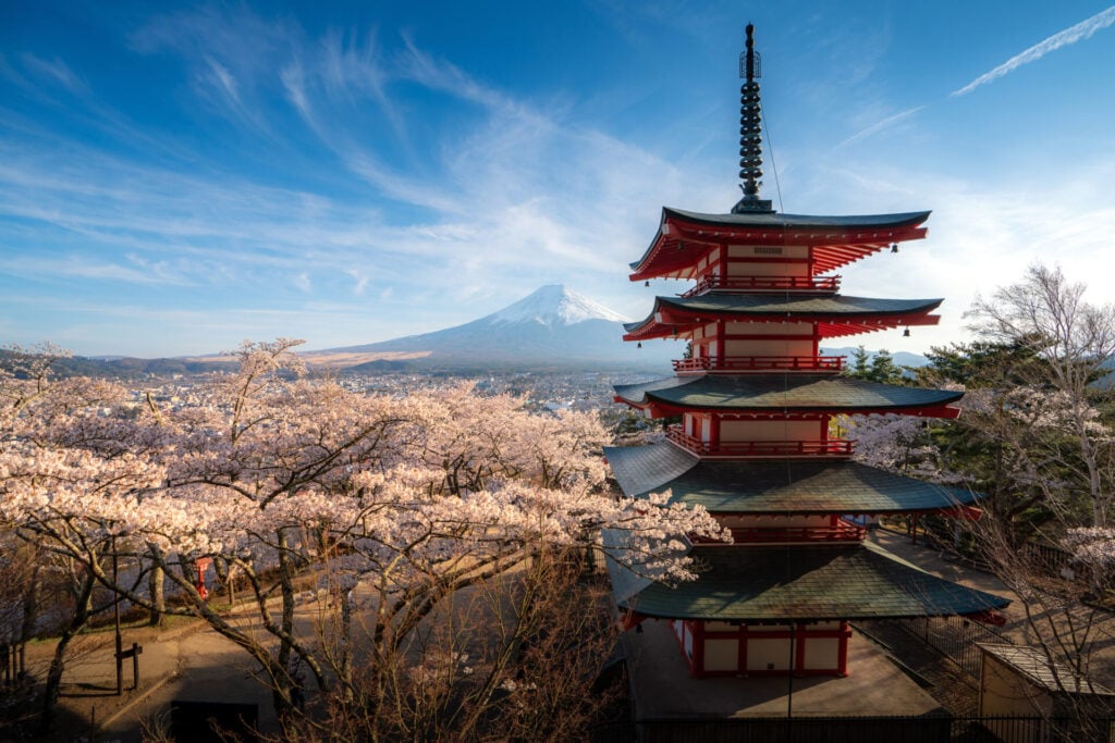 Une pagode rouge de cinq étages se dresse au milieu des cerisiers en fleurs, avec le mont Fuji visible en arrière-plan. C'est une scène emblématique de tout voyage au Japon, que vous soyez à la recherche de cerisiers en fleurs ou d'une aventure de ski palpitante. - Karavaniers