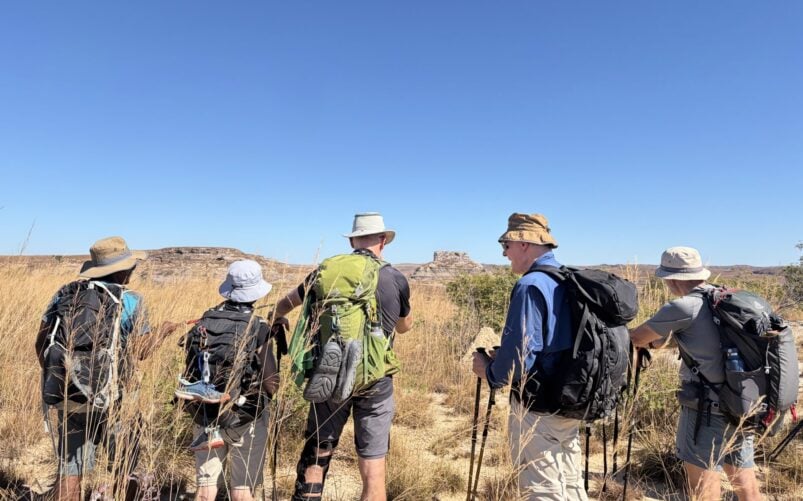 Cinq personnes, coiffées de chapeaux et munies de sacs à dos, se tiennent debout dans les hautes herbes sèches, le regard tourné vers un plateau lointain sous un ciel bleu limpide : un voyage mystère à travers les paysages sauvages de Madagascar. - Karavaniers
