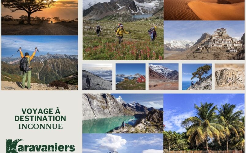 Un collage représentant diverses destinations de voyage, allant des montagnes et des glaciers aux plages tropicales et aux villages isolés, mettant en scène des randonneurs, accompagné du texte « Voyage à destination inconnue » et du logo des Karavaniers. - Karavaniers