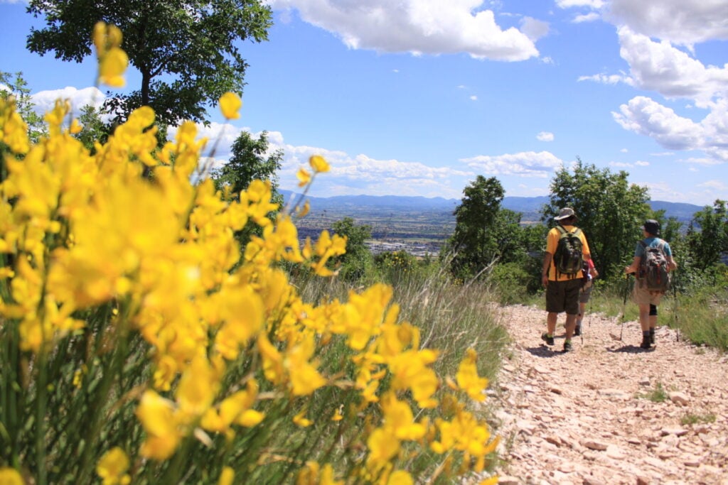 Deux personnes, munies de sacs à dos, marchent sur un sentier rocailleux bordé d'arbres verts et de fleurs d'un jaune éclatant, sous un ciel ensoleillé parsemé de nuages épars. On aperçoit au loin une ville et des montagnes en arrière-plan. - Karavaniers
